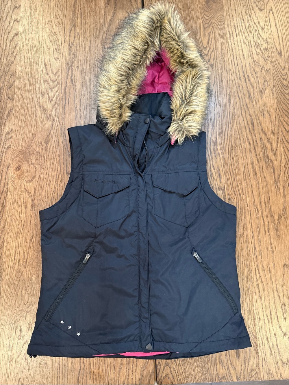 Columbia Black Water Resistant Hooded Vest with Faux-Fur Trim